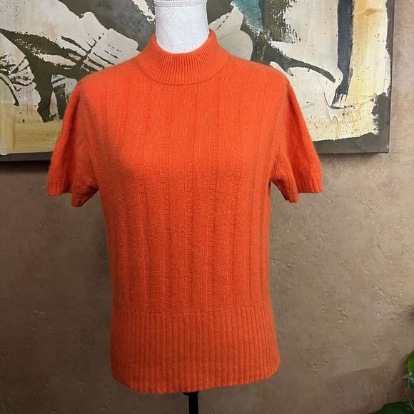 VINTAGE WOOL SHORT SLEEVE MOCK TURTLENECK NINA CHARLES KASPER ORANGE SWEATER L - Picture 5 of 13